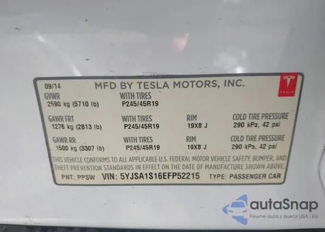 2014 Tesla Model S z USA, uszkodzony, nr VIN 5YJSA1S16EFP52215